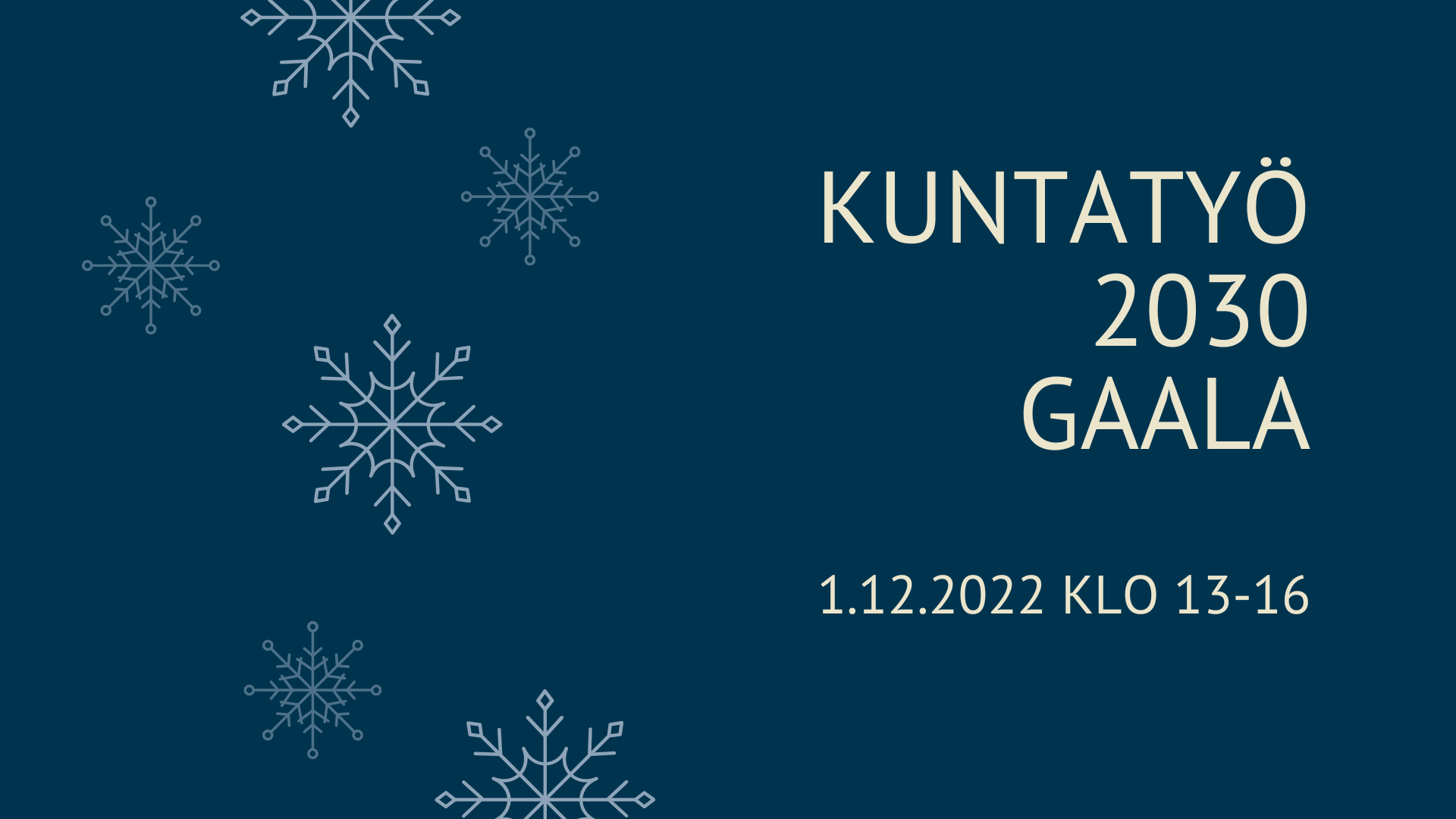 Kuvassa tumma tausta ja lumihiutaleita ja teksti Kuntatyö2030-gaala