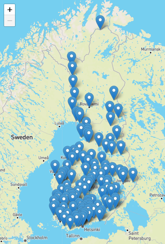"Kehittämisteot Suomen kartalla. Tekoja on tullut Tekojen torille laajasti eri kunnista. Vain Rovaniemen pohjoispuolella on iso tyhjä kohta."